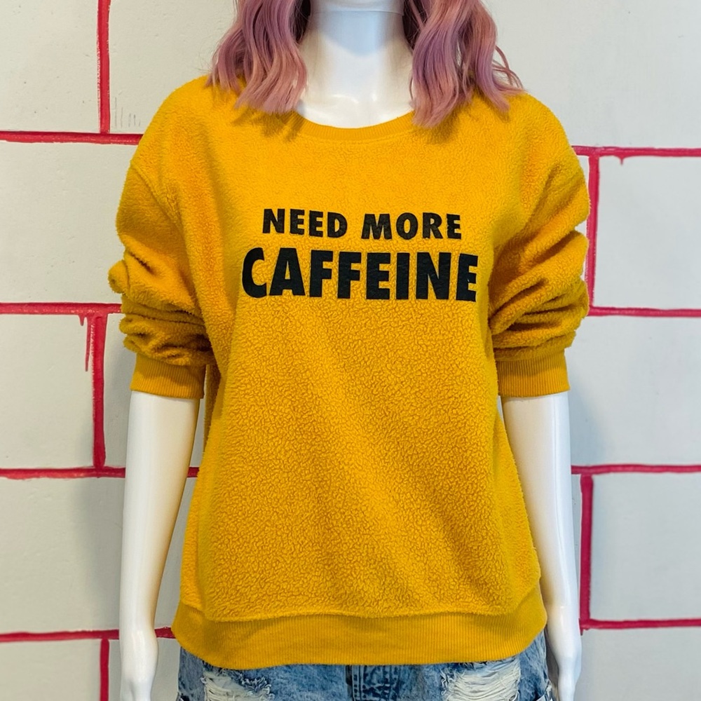 Need More Caffeine Mustard Yellow Pullover Fuzzy Sweater 💛